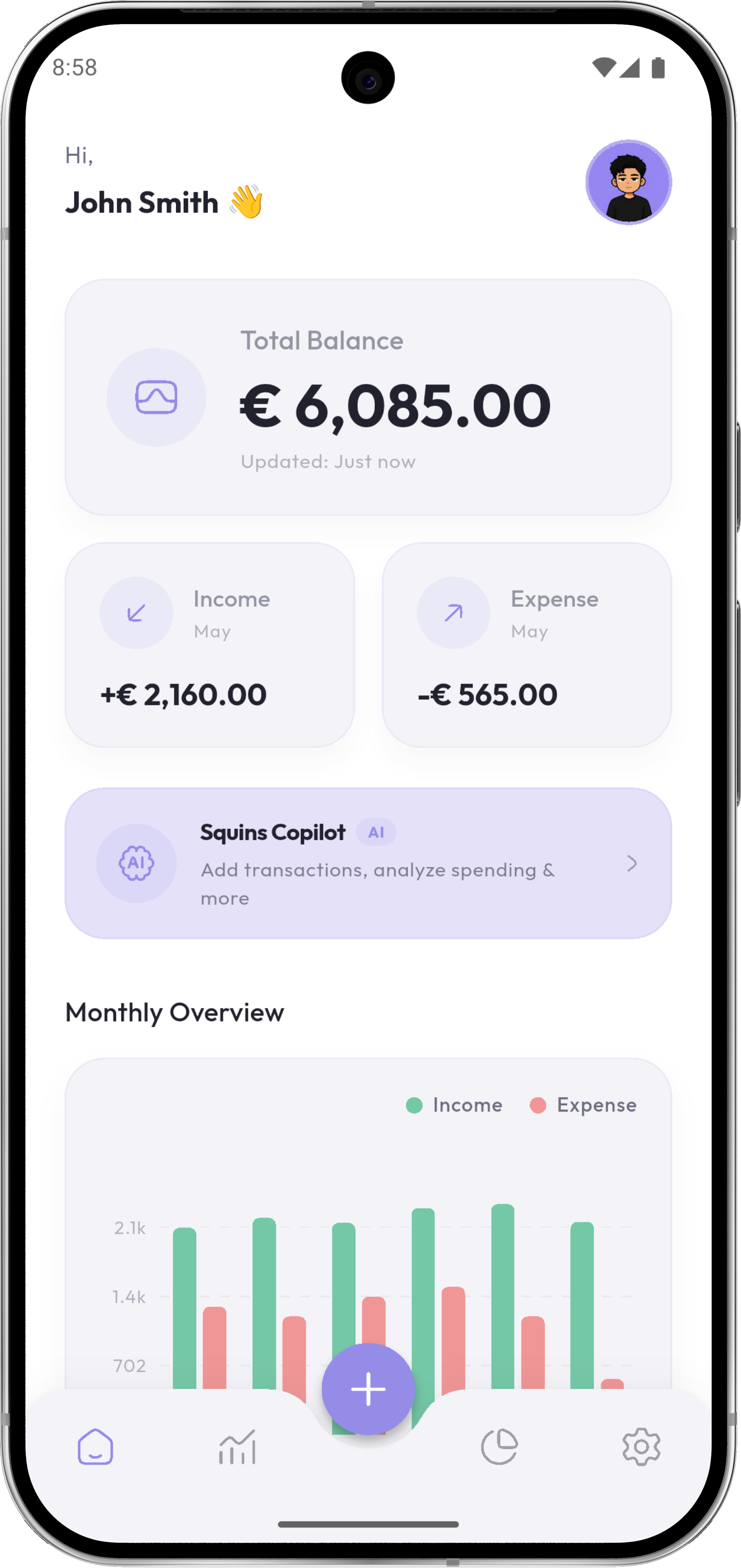 Squins app dashboard showing balance summary and recent transactions