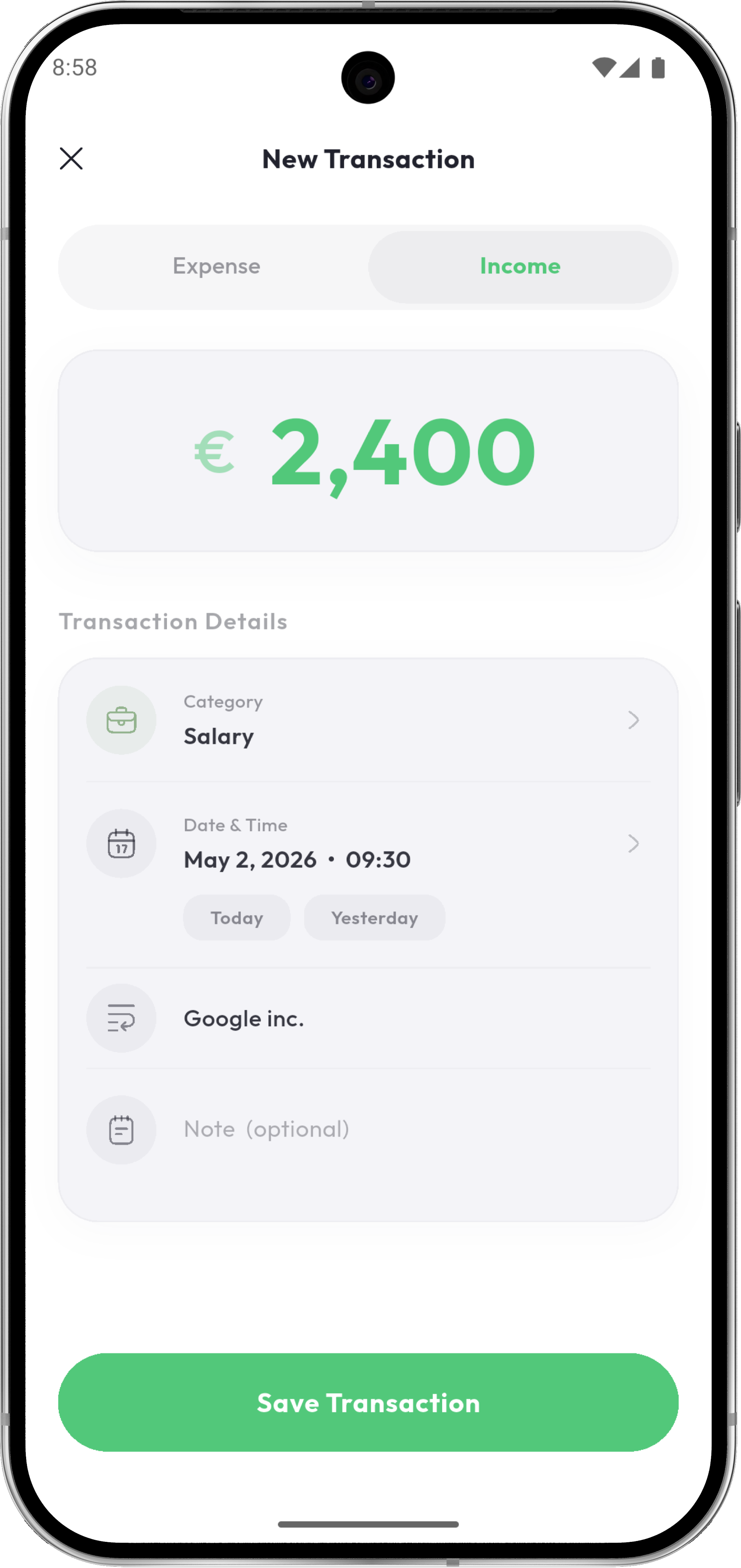 Add transaction screen