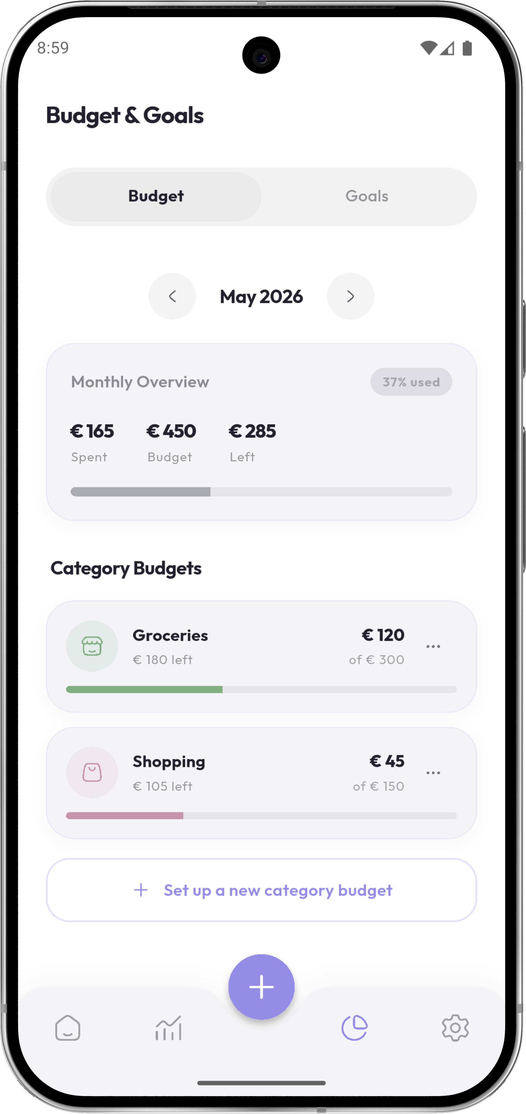 Budget and goals screen